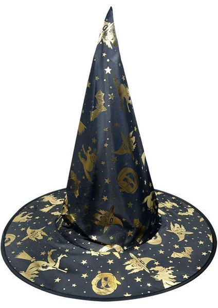Cadılar Bayramı Pelerin Şapka Takımı Lüks Siyah Üzeri Gold Baskılı Halloween Pelerin Çocuk Kostüm indirimleri
