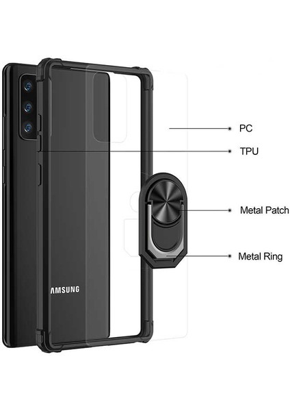 - Samsung Galaxy Note 20 - Kılıf Yüzüklü Arkası Şeffaf Koruyucu Mola Kapak - Siyah