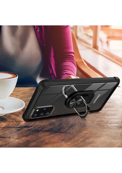 - Samsung Galaxy Note 20 - Kılıf Yüzüklü Arkası Şeffaf Koruyucu Mola Kapak - Siyah