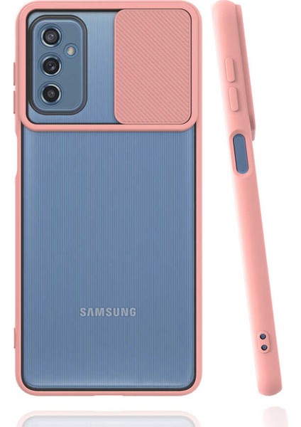 - Samsung Galaxy M52 - Kılıf Slayt Sürgülü Arkası Buzlu Lensi Kapak - Pembe Açık - T19681