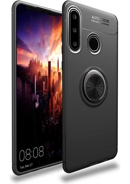 - Huawei Y6P - Kılıf Yüzüklü Karbon Ravel Silikon Kapak - Siyah - T13864