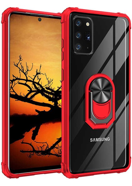 - Samsung Galaxy Note 20 - Kılıf Yüzüklü Arkası Şeffaf Koruyucu Mola Kapak - Kırmızı - T14379