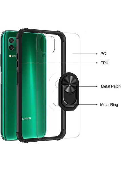- Huawei P40 Lite - Kılıf Yüzüklü Arkası Şeffaf Koruyucu Mola Kapak - Lacivert