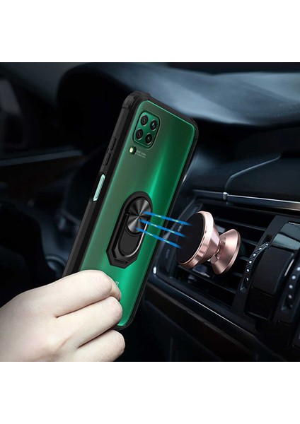 - Huawei P40 Lite - Kılıf Yüzüklü Arkası Şeffaf Koruyucu Mola Kapak - Lacivert