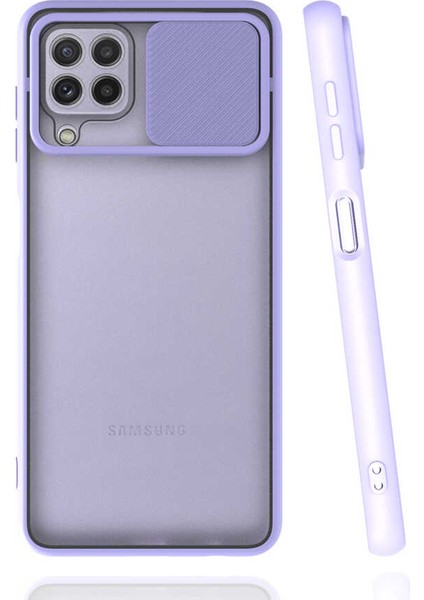 - Samsung Galaxy M32 - Kılıf Slayt Sürgülü Arkası Buzlu Lensi Kapak - Lila - T19103