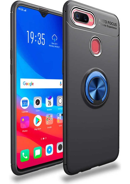 - Oppo A12 - Kılıf Yüzüklü Karbon Ravel Silikon Kapak - Siyah-Mavi - T15065