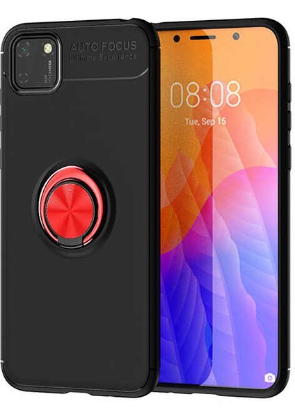 - Huawei Y5P - Kılıf Yüzüklü Karbon Ravel Silikon Kapak - Siyah-Kırmızı - T13863