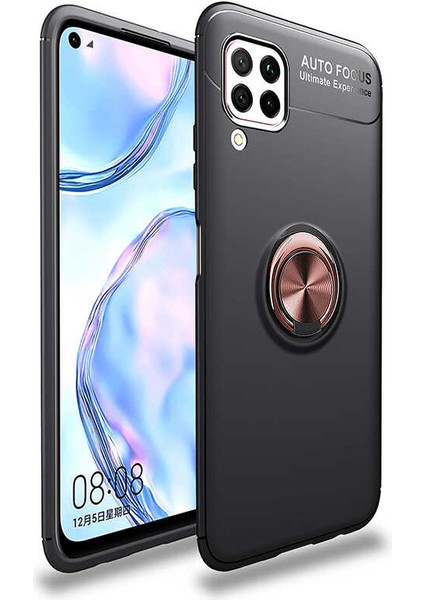 - Huawei P40 Lite - Kılıf Yüzüklü Karbon Ravel Silikon Kapak - Siyah-Rose Gold - T13473