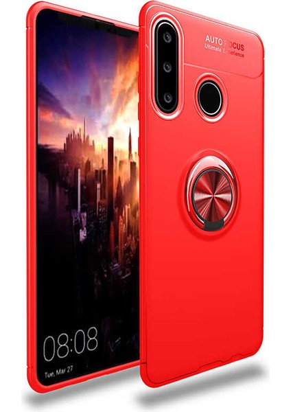 - Huawei Y6P - Kılıf Yüzüklü Karbon Ravel Silikon Kapak - Kırmızı - T13864