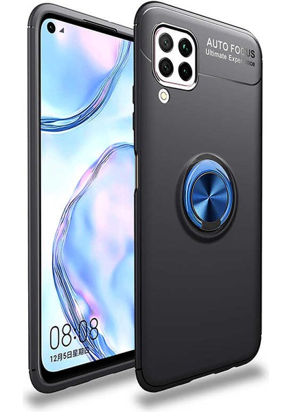 - Huawei P40 Lite - Kılıf Yüzüklü Karbon Ravel Silikon Kapak - Siyah-Mavi - T13473