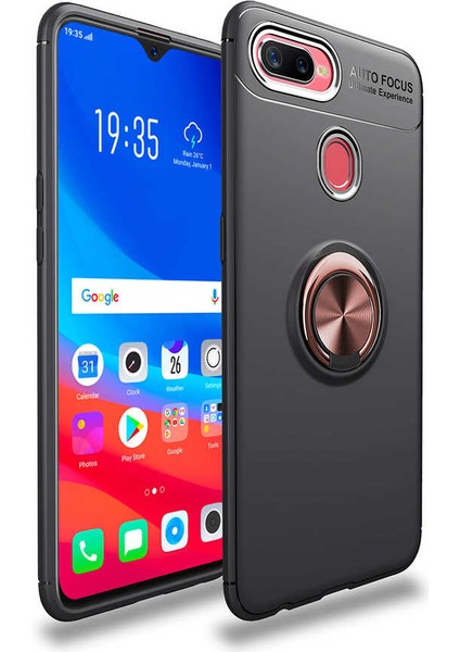 - Oppo A5S - Kılıf Yüzüklü Karbon Ravel Silikon Kapak - Siyah-Rose Gold - T15063