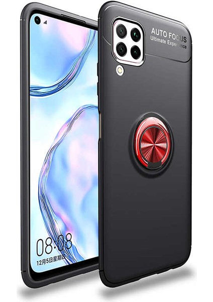 - Huawei P40 Lite - Kılıf Yüzüklü Karbon Ravel Silikon Kapak - Siyah-Kırmızı - T13473