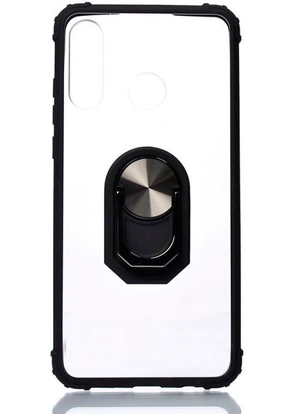 - Huawei P30 Lite - Kılıf Yüzüklü Arkası Şeffaf Koruyucu Mola Kapak - Siyah - T12964