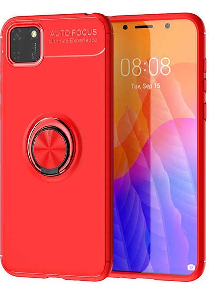 - Huawei Y5P - Kılıf Yüzüklü Karbon Ravel Silikon Kapak - Kırmızı - T13863