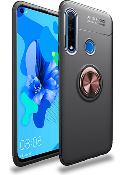 - Huawei P40 Lite E - Kılıf Yüzüklü Karbon Ravel Silikon Kapak - Siyah-Rose Gold - T13714