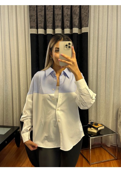Mavi Beyaz Çizgili Dügme Detay Tasarım Gömlek fiyatları