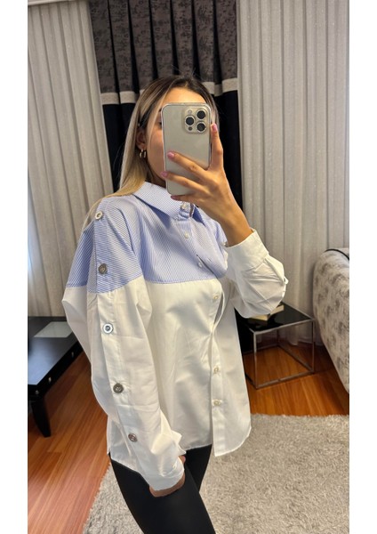 Mavi Beyaz Çizgili Dügme Detay Tasarım Gömlek modelleri