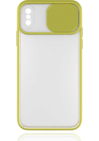 - Apple iPhone XS 6.5 - Kılıf Slayt Sürgülü Arkası Buzlu Lensi Kapak - Sarı - T14503