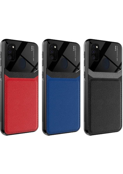 - Samsung Galaxy M21 - Kılıf Deri Görünümlü Parlak Mika Tasarımlı Emiks Kapak - Kırmızı - T17599 modelleri