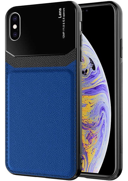 - Apple iPhone XS Max 6.5 - Kılıf Deri Görünümlü Parlak Mika Tasarımlı Emiks Kapak - Lacivert - T19158
