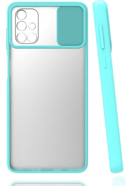 - Samsung Galaxy A71 - Kılıf Slayt Sürgülü Arkası Buzlu Lensi Kapak - Turkuaz - T17185