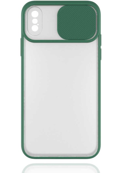 - Apple iPhone XS 6.5 - Kılıf Slayt Sürgülü Arkası Buzlu Lensi Kapak - Koyu Yeşil - T14503