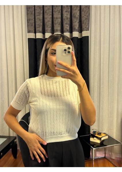 Ajurlu Bisiklet Yaka Kısa Kol Tişört Beyaz fiyatları