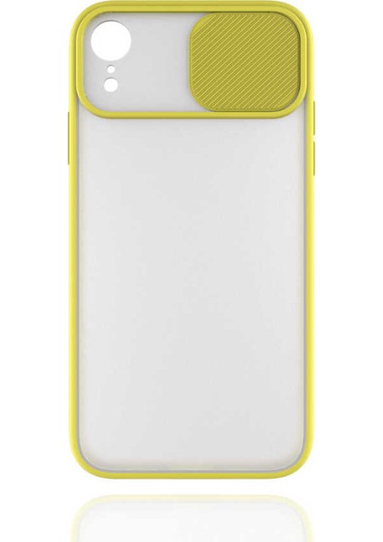 - Apple iPhone XR 6.1 - Kılıf Slayt Sürgülü Arkası Buzlu Lensi Kapak - Sarı - T14502