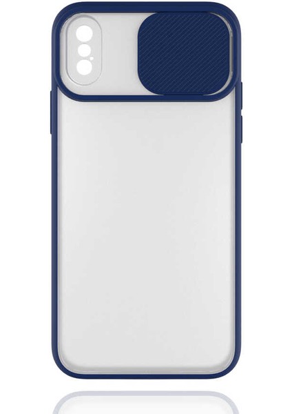 - Apple iPhone X - Kılıf Slayt Sürgülü Arkası Buzlu Lensi Kapak - Lacivert - T14500