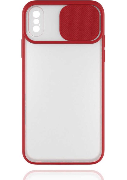 - Apple iPhone X - Kılıf Slayt Sürgülü Arkası Buzlu Lensi Kapak - Kırmızı - T14500