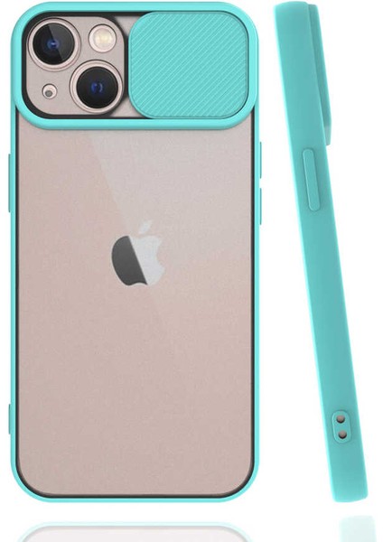- Apple iPhone 13 Mini - Kılıf Slayt Sürgülü Arkası Buzlu Lensi Kapak - Turkuaz - T19522
