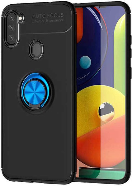 - Samsung Galaxy M11 - Kılıf Yüzüklü Karbon Ravel Silikon Kapak - Siyah-Mavi - T13711