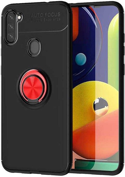 - Samsung Galaxy M11 - Kılıf Yüzüklü Karbon Ravel Silikon Kapak - Siyah-Kırmızı - T13711