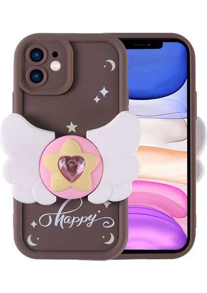 - Apple iPhone 11 - Kılıf Kamera Korumalı Figür Tasarımlı Kapya Kapak - Koyu Kahve - T32509