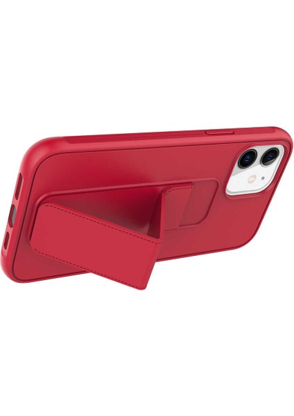 - Apple iPhone 12 - Kılıf Mat Koruyucu El Tutacaklı Stand Olabilen Qstand Kapak - Kırmızı