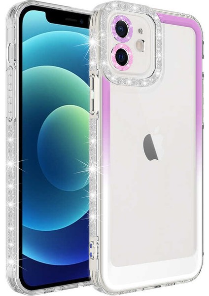 - Apple iPhone 12 - Kılıf Simli ve Renk Geçiş Tasarımlı Lens Korumalı Park Kapak - Pembe-Mavi