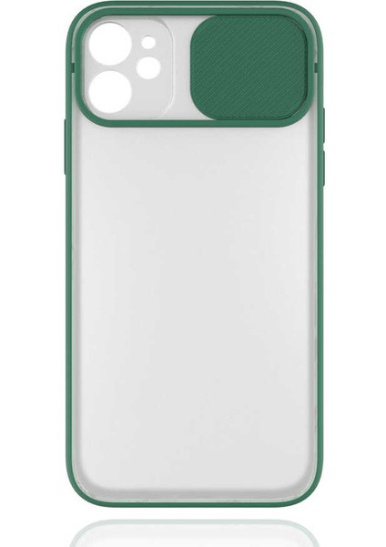 - Apple iPhone 11 - Kılıf Slayt Sürgülü Arkası Buzlu Lensi Kapak - Koyu Yeşil - T14504