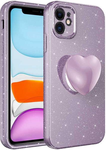 - Apple iPhone 11 - Kılıf Kamera Korumalı Simli Pop Soketli Lüks Koton Soketli Kapak - Mor - T23847