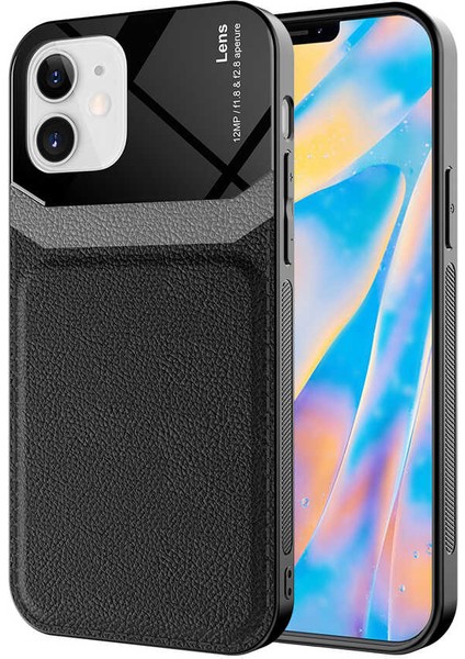 - Apple iPhone 12 - Kılıf Deri Görünümlü Parlak Mika Tasarımlı Emiks Kapak - Siyah - T17432