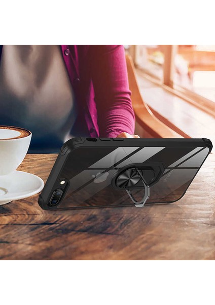 - Apple iPhone 8 Plus - Kılıf Yüzüklü Arkası Şeffaf Koruyucu Mola Kapak - Lacivert