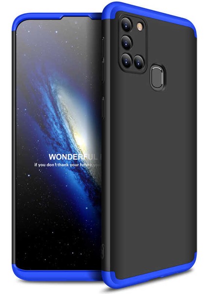 - Samsung Galaxy A21S - Kılıf Parmak izi Yapmayan 3 Parça Ays Kapak - Siyah-Mavi - T14217