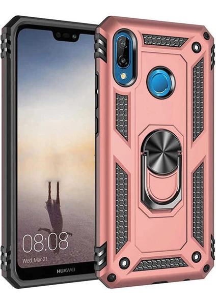 Kilifolsun Huawei P20 Lite Kılıf Yüzüklü Zırh Tank Vega Kapak Rose Gold