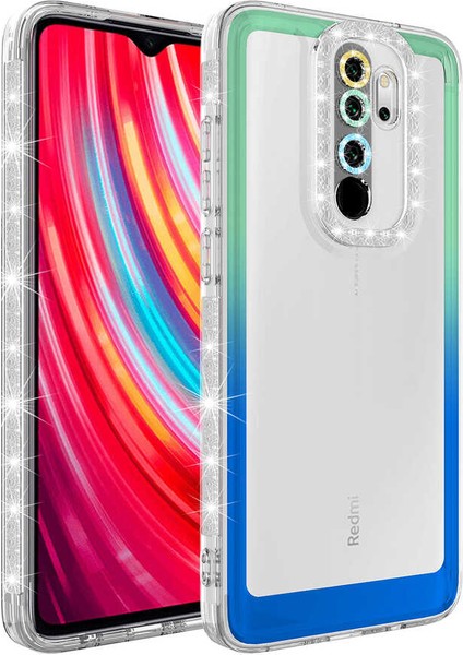 Ekılıf - Xiaomi Redmi Note 8 Pro - Kılıf Simli ve Renk Geçiş Tasarımlı Lens Korumalı Park Kapak - Yeşil-Mavi