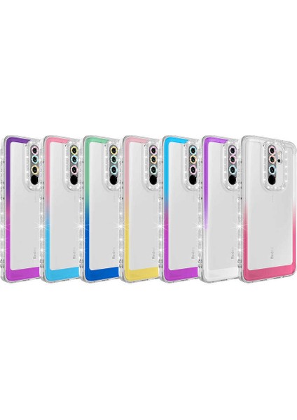Ekılıf - Xiaomi Redmi Note 8 Pro - Kılıf Simli ve Renk Geçiş Tasarımlı Lens Korumalı Park Kapak - Yeşil-Mavi