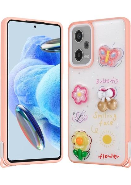 Xiaomi Redmi Note 12 Pro 5g Kılıf Parlayan Simli Kabartma Figürlü Cevze Kapak - Pembe