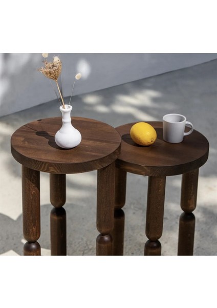 Ahşap 2'Li Set Boncuklu El Yapımı Yan Sehpa Modern Ceviz Renk