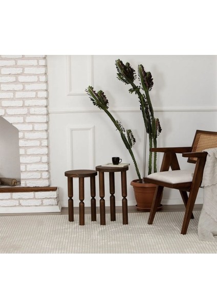 Ahşap 2'Li Set Boncuklu El Yapımı Yan Sehpa Modern Ceviz Renk