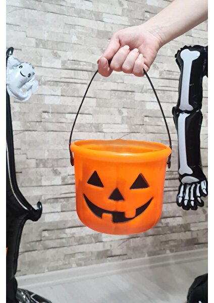 Cadılar Bayramı Şeker Kovası Büyük Boy Turuncu Kabak 18CM Halloween Şeker Kovası