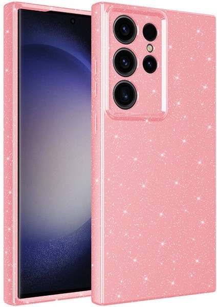 - Samsung Galaxy S24 Ultra - Kılıf Kamera Korumalı Simli Lüks Koton Kapak - Pembe - T32148