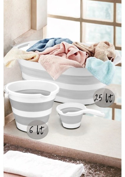 Katlanabilir Çamaşır Sepeti ve Kova Seti, 25L, Beyaz